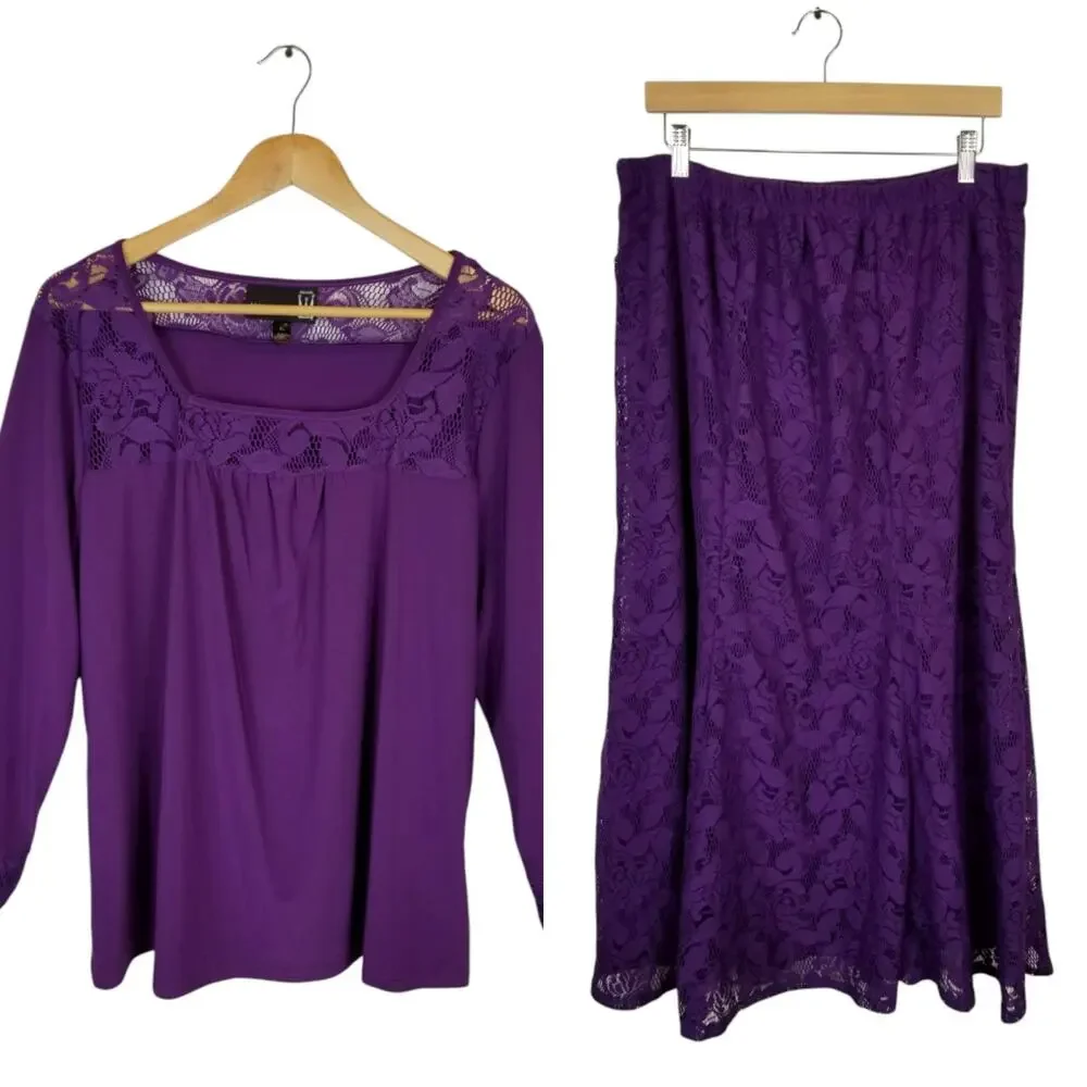 Antthony Original 2 Piece Set Skirt Long Sleeve Stretch Knit Top Purple Size XL